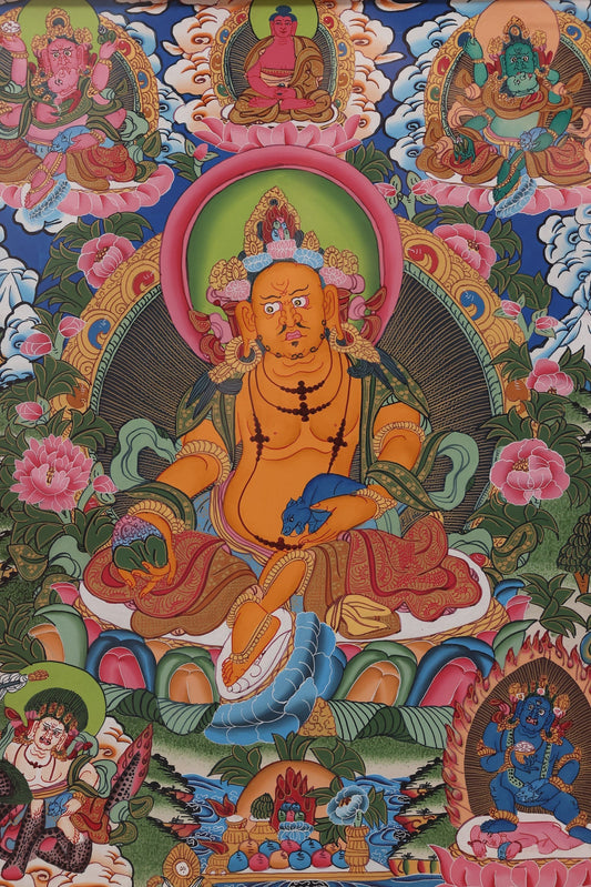 Hand-Painted Tibetan Buddhist Yellow Jambhala Thangka Decoding the Sacred Art of Wealth and Spiritual Protection