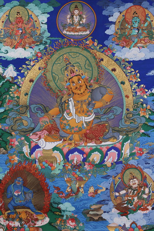 Yellow Jambhala Thangka: The Tibetan Buddhist Deity of Wealth, Merit, and Traditional Artistry