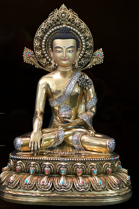 tibetan-buddhist Shakyamuni Buddha Golden Engraved Handmade Brass Painted Statue