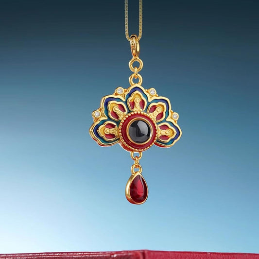 Tibetan Buddhist Eternal Joy Five Blessings Pendant - 925 Silver Necklace