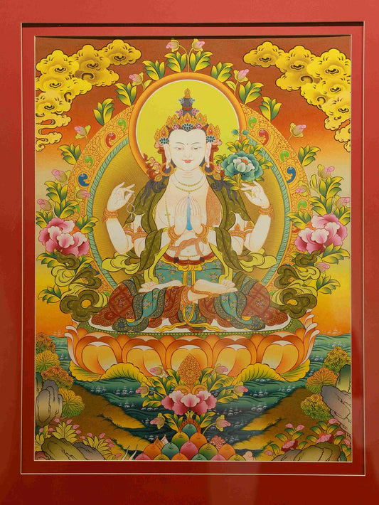 Hand-Painted Four-Armed Avalokiteshvara "Compassion Lotus Wish-Fulfillment" Thangka