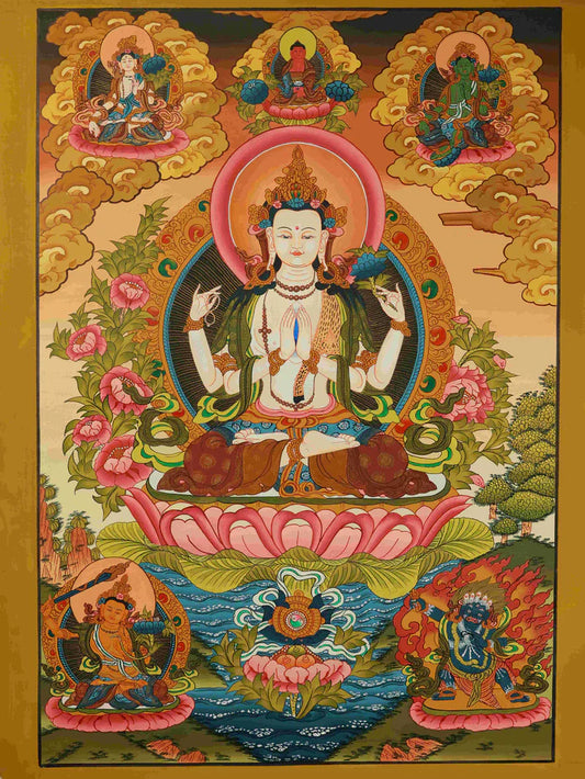 Hand-Painted Four-Armed Avalokiteshvara "Golden Flame Tranquility" Protection Thangka
