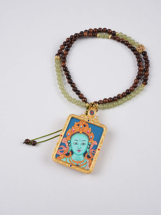 Green Tara Hand-Painted Thangka Necklace Pendant – Rectangular Tibetan Buddhist Protection Amulet (4×5 cm)