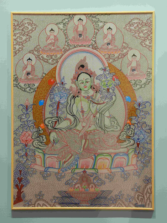 Hand-Painted Green Tara "Five Buddhas Protection" Auspicious Thangka
