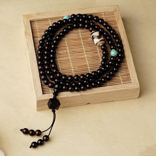 Tibetan-Buddhist Red Sandalwood Amber 108 Beads Mala Necklace、Tibetan-Buddhist Red Sandalwood Dzi Beads 108 Beads Mala Necklace