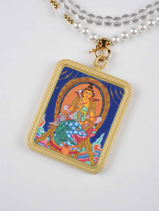 Manjushri Bodhisattva Hand-Painted Thangka Necklace Pendant – Rectangular Tibetan Wisdom Amulet (4×5 cm)