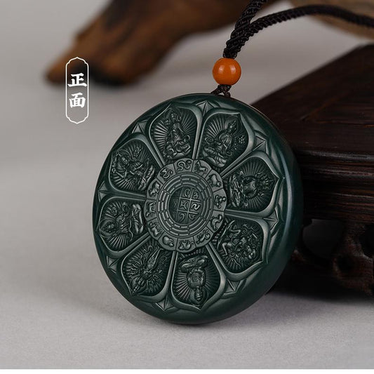 Tibetan Buddhist Hetian Green Jade Union of Treasures Pendant (Men)