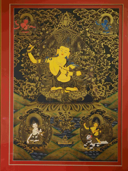 Hand-Painted Black-Gold Manjushri System Thangka: A Full-Spectrum Wisdom Amulet for Obstacle-Clearing & Insight from Tibet