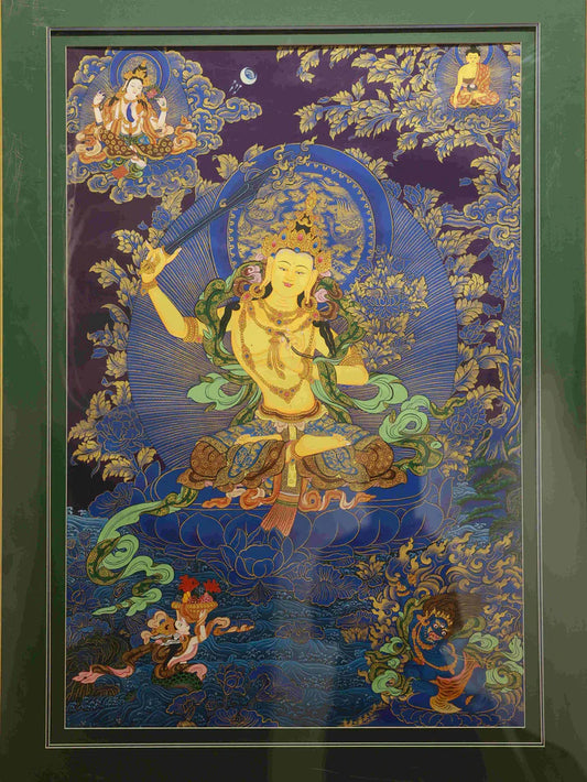 Hand-Painted Blue-Gold Manjushri System Thangka