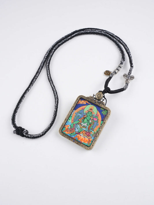 Green Tara Thangka Necklace | Hand-Painted Tibetan Buddhist Compassion & Protection Pendant
