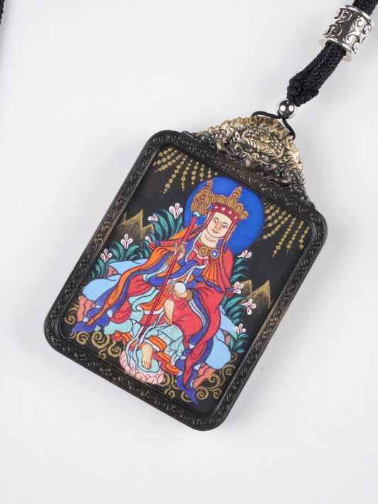 Kṣitigarbha Bodhisattva Hand-Painted Thangka Necklace Pendant – Rectangular Tibetan Protection Amulet (4×5 cm)