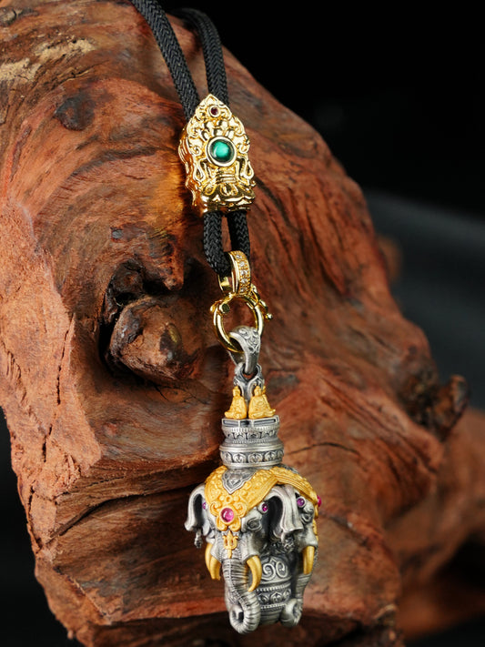 Tibetan-Buddhist Gold 3-Faced Ganesha Pendant: Sacrificial Tibetan Buddhist Jewelry