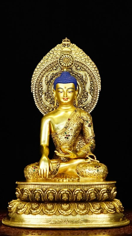 Tibetan-Buddhist Shakyamuni Buddha Statue, Mineral Pigments & Gilding