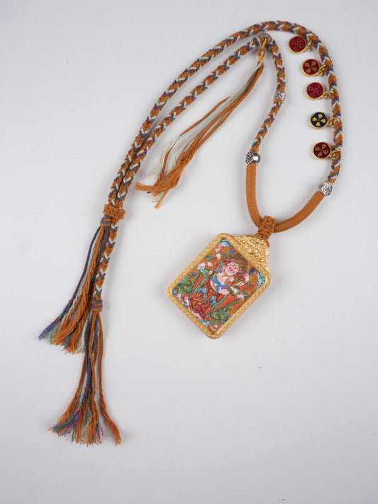 White Six-Armed Mahakala Hand-Painted Thangka Necklace Pendant – Rectangular Tibetan Protector Amulet (4×5 cm)