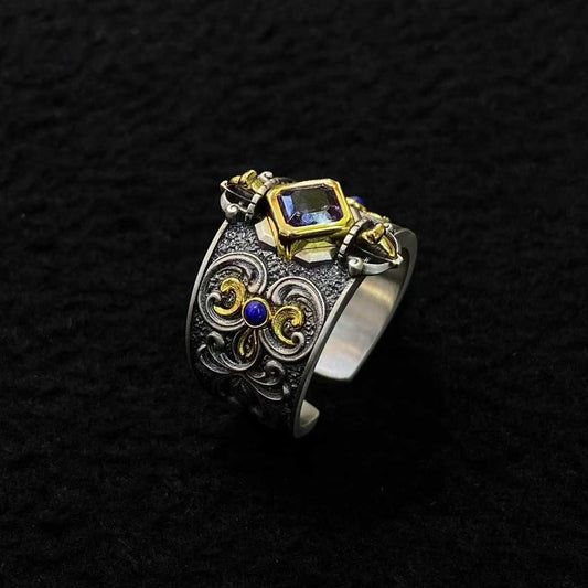 Tibetan-Buddhist S925 Handmade Gemstone Vajra Ring Sacred Jewelry