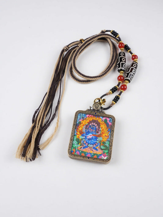 Two-Armed Mahākāla Hand-Painted Thangka Necklace Pendant – Tibetan Wealth & Protection Amulet (4×5 cm)