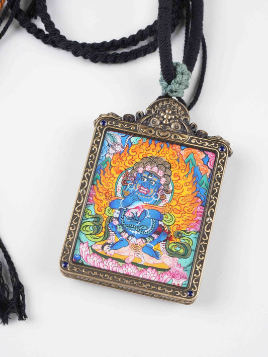 Two-Armed Mahakala Hand-Painted Thangka Necklace Pendant – Tibetan Wealth & Protection Amulet (4×5 cm)
