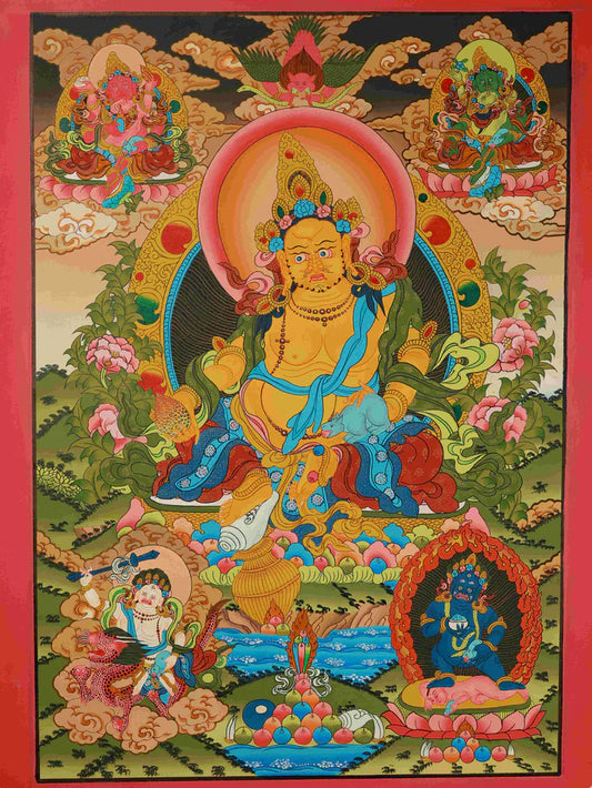 Hand-Painted Five-Deity Yellow Dzambhala Thangka