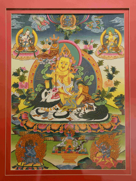 Hand-Painted Yellow Jambhala "Treasure Steed Wealth Gathering" Thangka: A Tibetan Fortune Protection Treasure Wrapped in Golden Flame