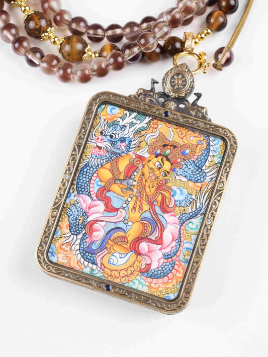 Yellow Jambhala 4x5cm Rectangular Thangka Necklace Pendant | Hand-Painted Tibetan Wealth & Protection Amulet