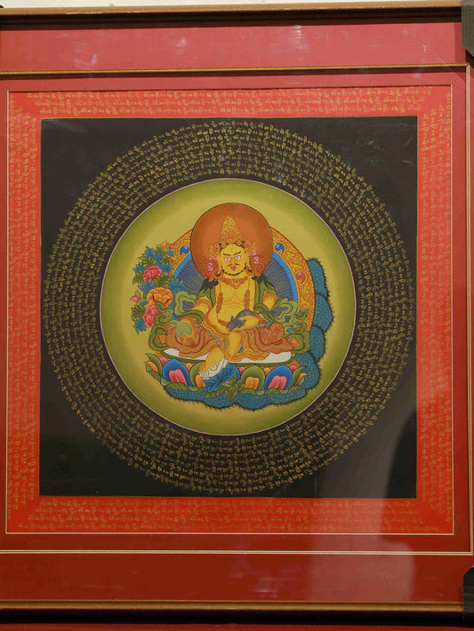 Hand-Painted Black-Gold Yellow Jambhala "Mantra Wheel Wealth Gathering" Thangka: A Tibetan Fortune Protection Treasure Wrapped in Sutra Script