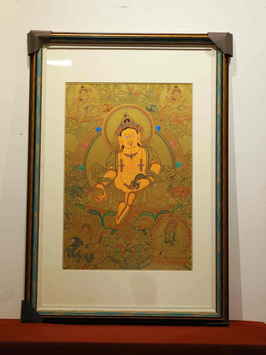Hand-Painted Gold-Base Yellow Jambhala "Five Jambhalas Fortune Altar" Thangka