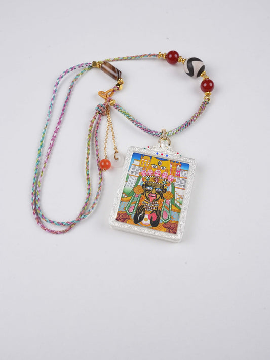 Zaki Lhamo Hand-Painted Thangka Necklace Pendant – Rectangular Tibetan Buddhist Wealth & Protection Amulet (4×5 cm)