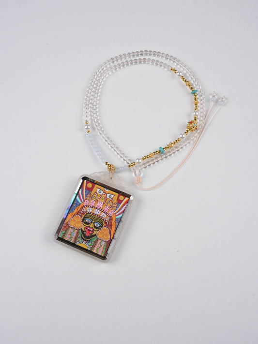 Zaki Lhamo Hand-Painted Thangka Necklace Pendant – Rectangular Tibetan Buddhist Wealth & Protection Amulet (4×5 cm)