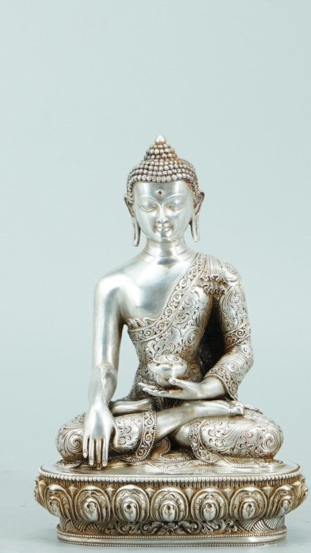 Tibetan-Buddhist Shakyamuni Buddha Statue, Silver & Mineral Pigment