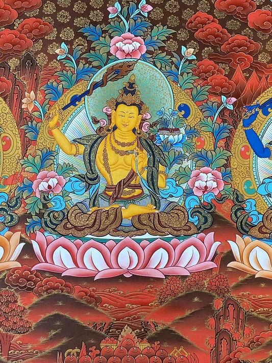 Hand-Painted Yellow Manjushri "Wisdom Flame Lotus" Thangka: A Tibetan Wisdom Treasure for Breaking Attachment, Wrapped in Golden Flame