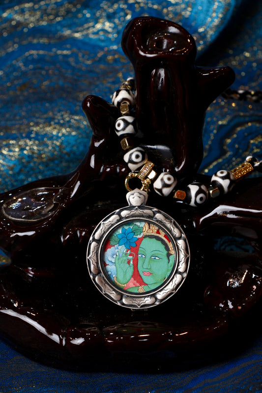2.5cm Tibetan Hand-painted Green Tara (Noble Saviours) Buddha Head Buddhist Pendant: Tibetan Buddhist Jewelry