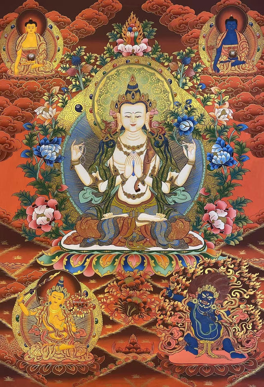 Tibetan Buddhist Four-Armed Avalokiteshvara Thangka – Hand-Painted with Mineral Pigments on Canvas, Traditional Sacred Art, 75x50cm