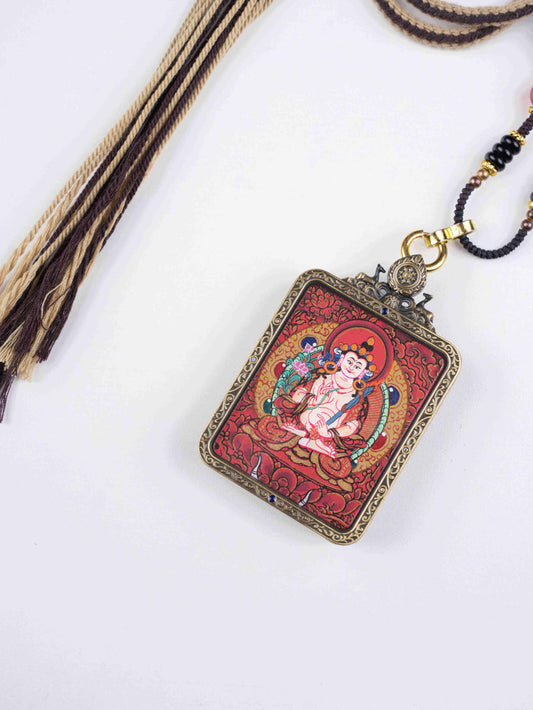 Akashagarbha Thangka Necklace | Hand-Painted Tibetan Buddhist Wisdom & Prosperity Pendant