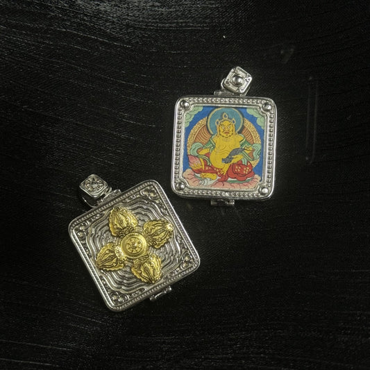 Hand-painted Rebgong Small Card Yellow Jambhala Thangka pendant featuring the King of Wealth, encased in 925 silver-plated case, representing prosperity and Dharma in Tibetan Buddhist tradition.
