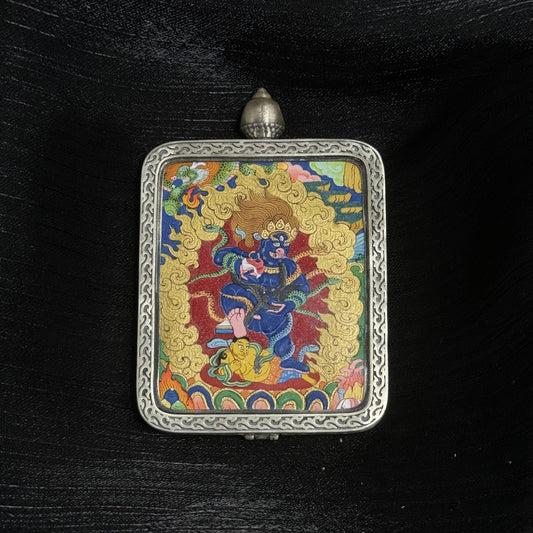 A 4x5cm hand-painted Tibet Bold Black Jambhala Thangka pendant featuring the King of Wealth Gods, encased in 925 silver, representing immediate wealth effect and protection in Tibetan Buddhist tradition.