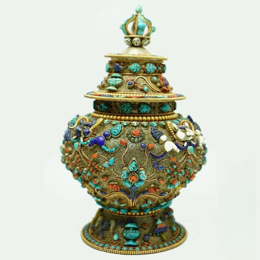 Handmade Yellow Jambhala treasure vase rooted in Tibetan Buddhist sacrificial implements culture, refined Buddhist sacrificial items art symbolizing wealth, abundance, and blessings