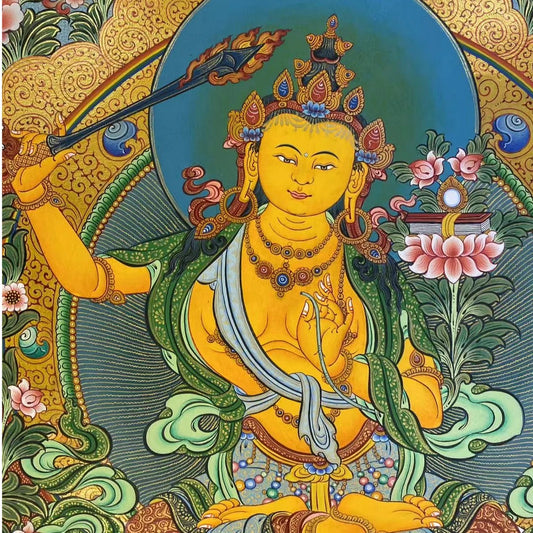 Tibetan Buddhist Thangka of Manjushri - Handcrafted with Natural Pigments