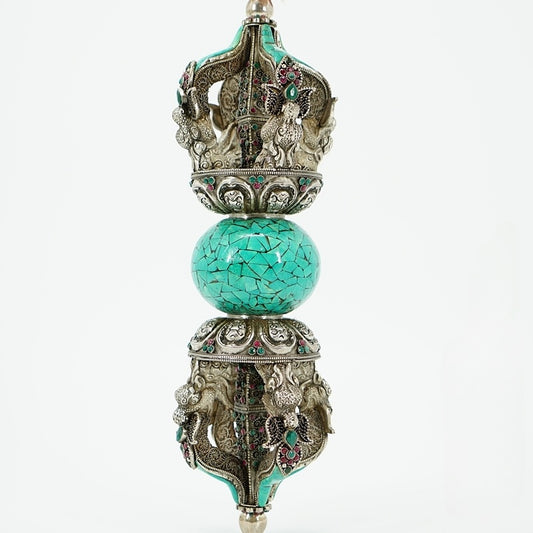 A meticulously crafted 30cm pure silver Vajra sculpture, representing indestructible wisdom and spiritual protection in Buddhist ritual implements art.