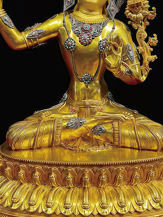 Shining golden Manjushri holding the wisdom sword, showcasing the sacred brilliance of Tibetan Buddhist statues and Buddha Statue-Art.