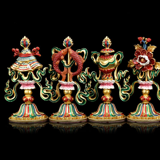 Hand-painted brass mini Eight Auspicious Symbols set, embodying Tibetan Buddhist ritual implements culture and symbolizing spiritual protection and prosperity.