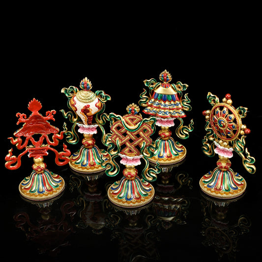 Small hand-painted brass Eight Auspicious Symbols set, representing Tibetan Buddhist teachings and bringing spiritual blessings to any space.