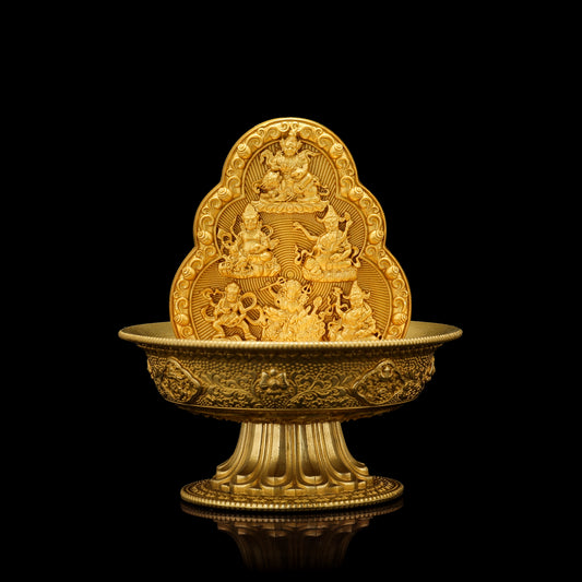 Handcrafted brass set of Six Wealth Deities, symbolizing prosperity and spiritual wealth in Tibetan Buddhist ritual implements culture.