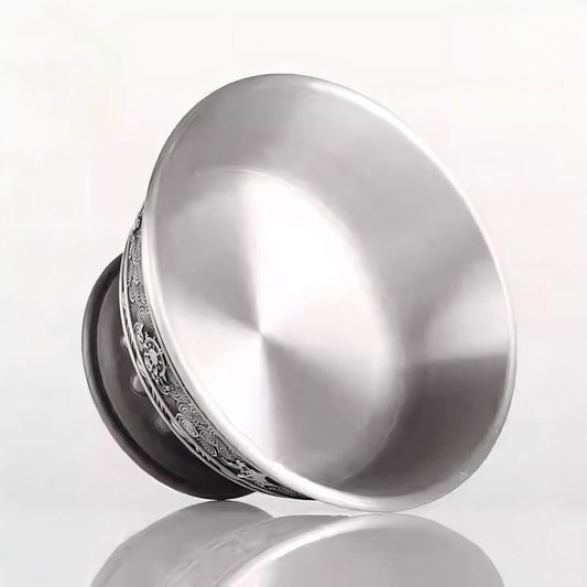 Tibetan Buddhist sacrificial implements culture: A dignified pewter Dharmapala cup engraved with Eight Auspicious Symbols, featuring a high-foot design for sacred offerings.