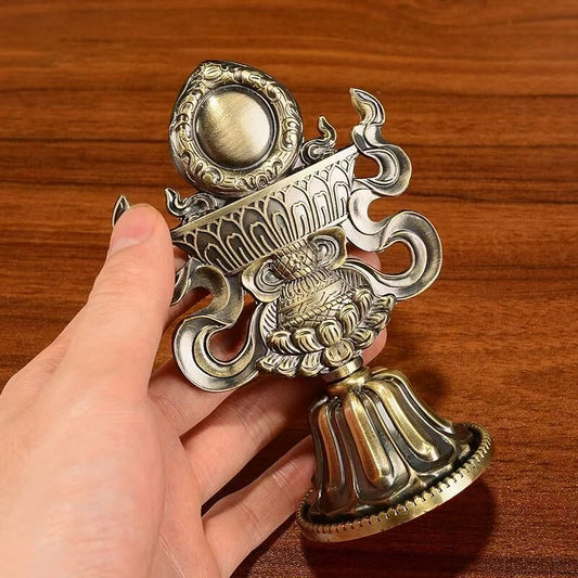Tibetan Buddhist sacrificial implements culture: Vibrant hand-painted Eight Auspicious Symbols on wood, showcasing the intricate details of traditional Buddhist sacrificial items art and sacred Himalayan pigments.