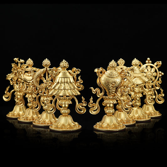 Handcrafted gold brass mini Eight Auspicious Symbols set, symbolizing protection, prosperity, and spiritual harmony in Tibetan Buddhist ritual implements culture.