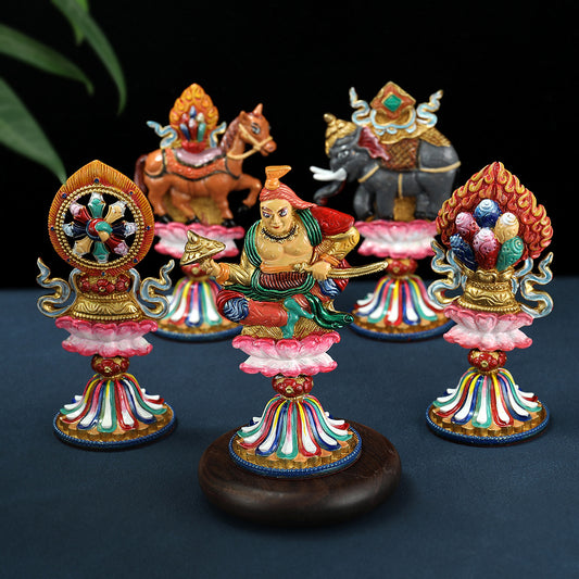 Mini Seven Treasures set in brass, intricately hand-painted, representing Tibetan Buddhist teachings and ideal for rituals and meditation practices.