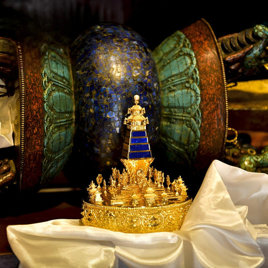 Tibetan Buddhist Jewelry Culture: A handmade 37-heap mandala offering set, showcasing sacred Buddhist sacrificial items art and the entire universe offering.