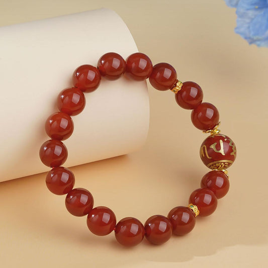 he "Fortune Spring" Red Agate Bracelet is crafted from natural agate and made entirely by hand, with each bead individually hand-painted by an artisan. This piece of Tibetan Buddhist jewelry art carries protective energy, suitable for daily wear or meditation practice.