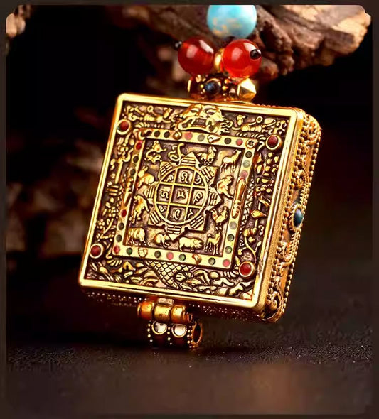 Tibetan Buddhist Jewelry Culture handmade 925 silver Gau box with Nine Palaces and Eight Trigrams, a sacred piece of Jewelry art.