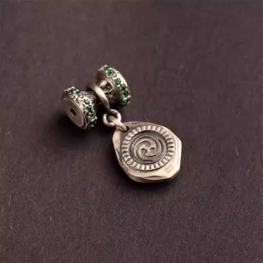 Tibetan Buddhist Jewelry Culture handmade silver Dzi bead inlaid with sparkling zircon, a sacred piece of Jewelry art.